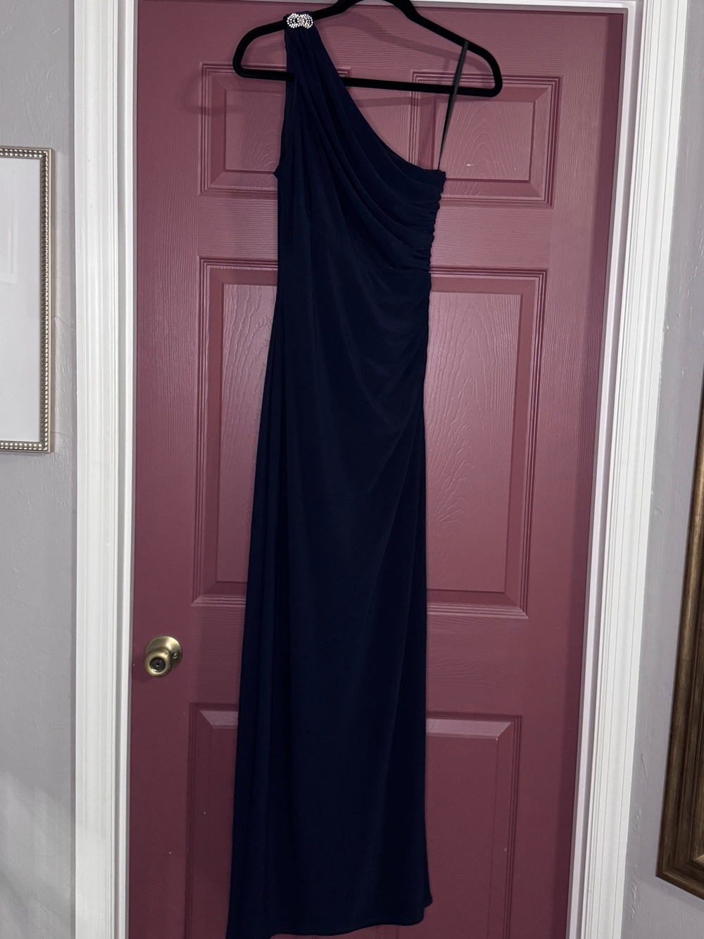 Betsy & Adam Navy One-Shoulder Evening Gown with Embellished Strap